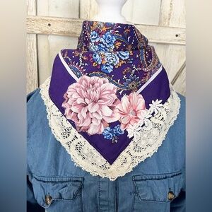 Upcycled Embellished Purple Floral & Lace Bandana